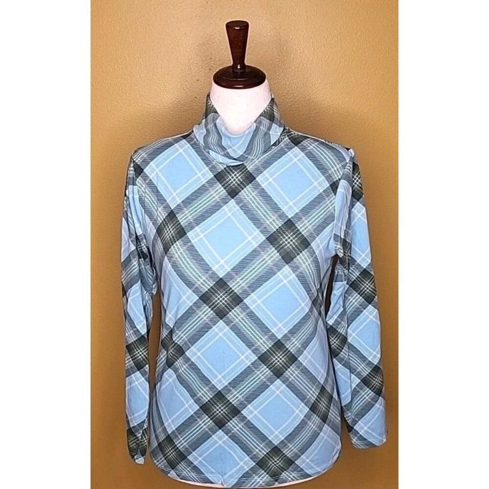 The‎ Talbots Tee Large Turtleneck Plaid Green Blue Long Sleeve EUC Large Cotton